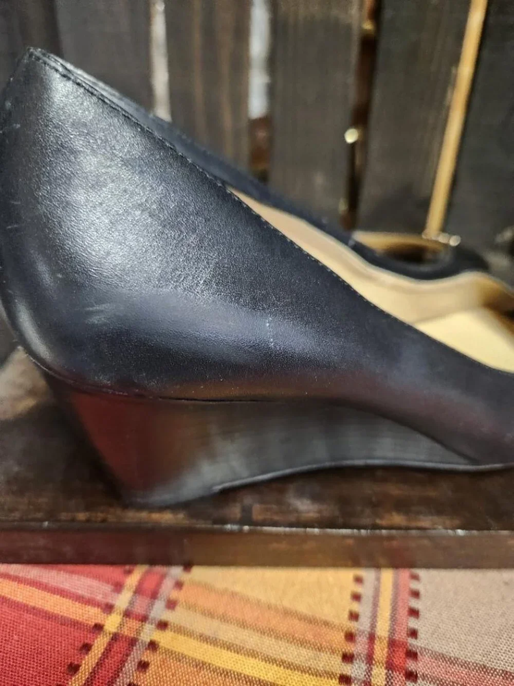 Womens Coach Black Leather Peep Toe Wedge Heels with Gold Badge Sz 9B MSRP $298